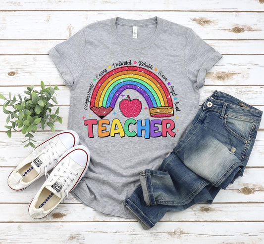 Teacher Rainbow Pencil, Teach Love Inspire, Faux Sequins Teacher Sparkly, Teacher Appreciation Week, Last Day of School T-shirt
