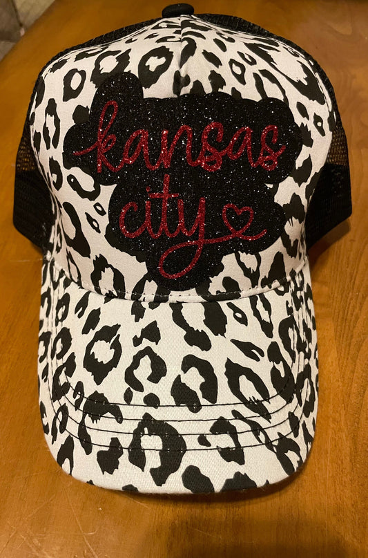 Kansas City Bling Black and Red Leopard Trucker Hat