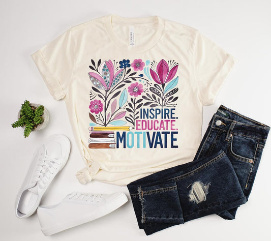 Boho Floral Teacher, Inspire Educate Motivate, Retro Teacher Tshirt, Teacher Appreciation Week, Last Day of School T-shirt